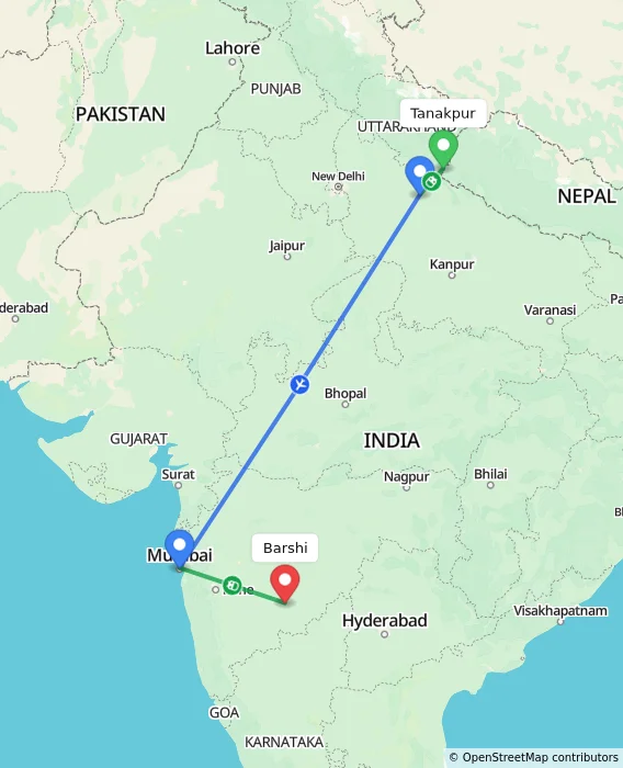 Route map showing distance and travel time from Tanakpur, India to Barshi, India