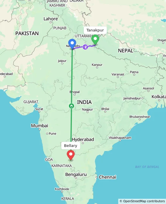 Route map showing distance and travel time from Tanakpur, India to Bellary, India