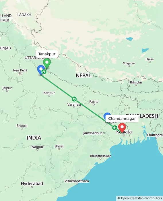 Route map showing distance and travel time from Tanakpur, India to Chandannagar, India