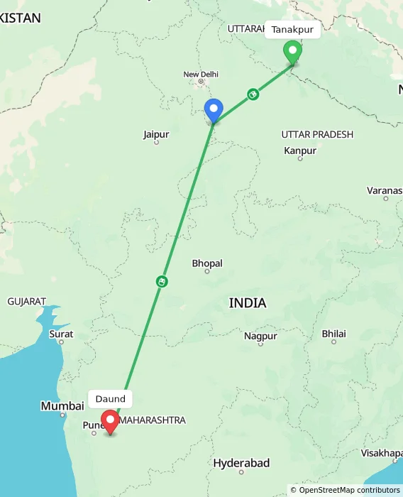 Route map showing distance and travel time from Tanakpur, India to Daund, India