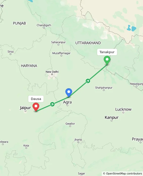 Route map showing distance and travel time from Tanakpur, India to Dausa, India