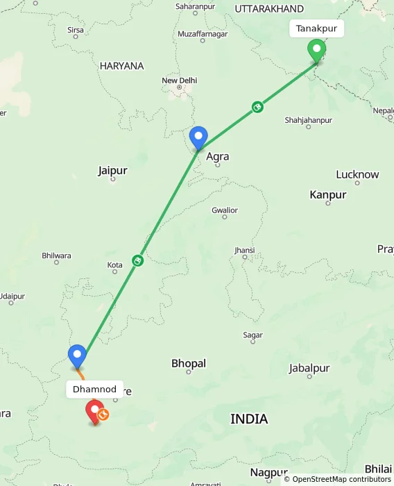 Route map showing distance and travel time from Tanakpur, India to Dhamnod, India