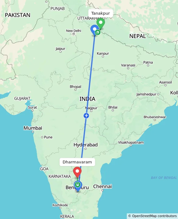 Route map showing distance and travel time from Tanakpur, India to Dharmavaram, India
