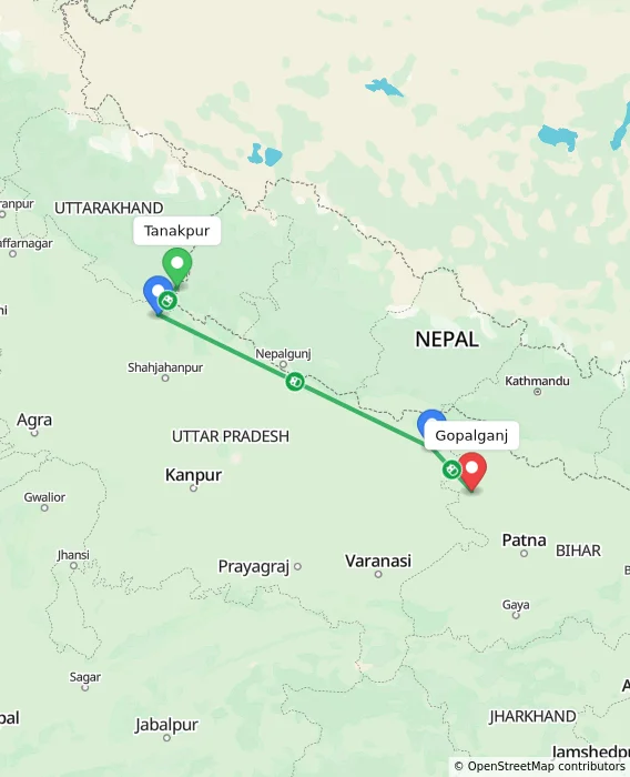 Route map showing distance and travel time from Tanakpur, India to Gopalganj, India