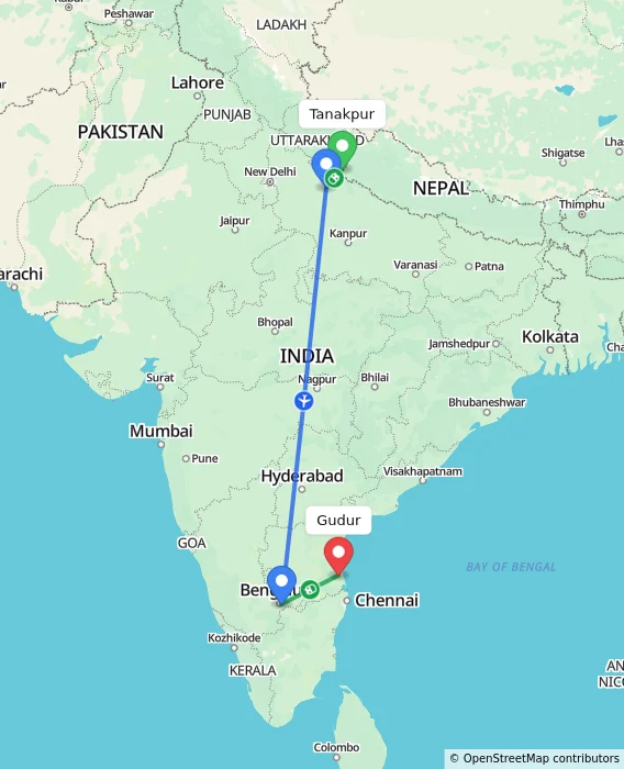 Route map showing distance and travel time from Tanakpur, India to Gudur, India