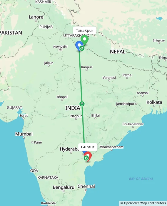 Route map showing distance and travel time from Tanakpur, India to Guntur, India