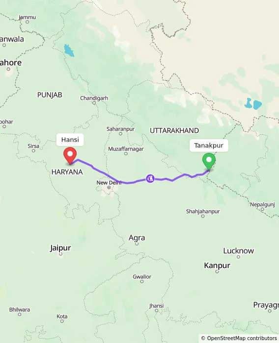 Route map showing distance and travel time from Tanakpur, India to Hansi, India