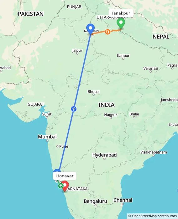 Route map showing distance and travel time from Tanakpur, India to Honavar, India