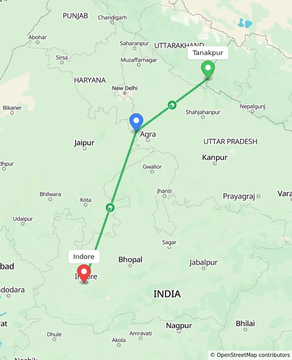 Route map showing distance and travel time from Tanakpur, India to Indore, India