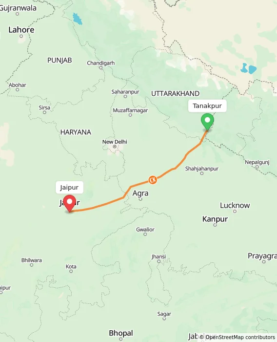 Route map showing distance and travel time from Tanakpur, India to Jaipur, India