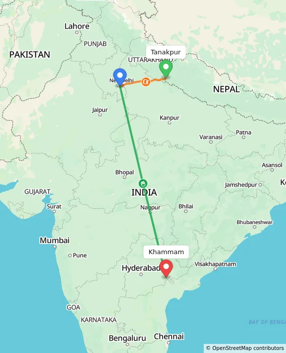 Route map showing distance and travel time from Tanakpur, India to Khammam, India