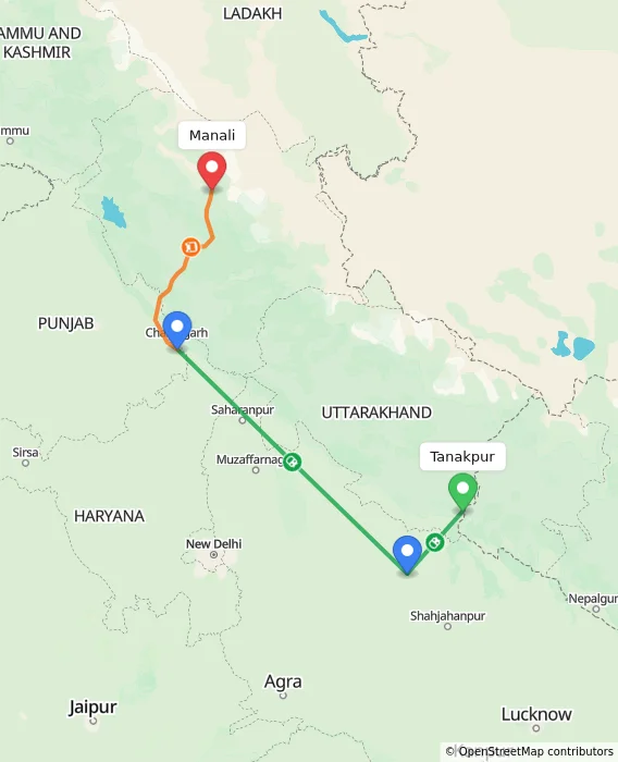 Route map showing distance and travel time from Tanakpur, India to Manali, India