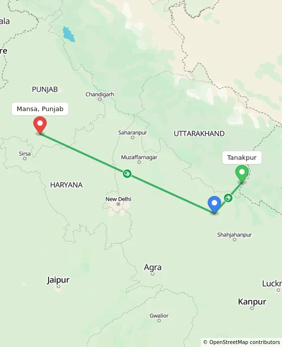 Route map showing distance and travel time from Tanakpur, India to Mansa, Punjab, India
