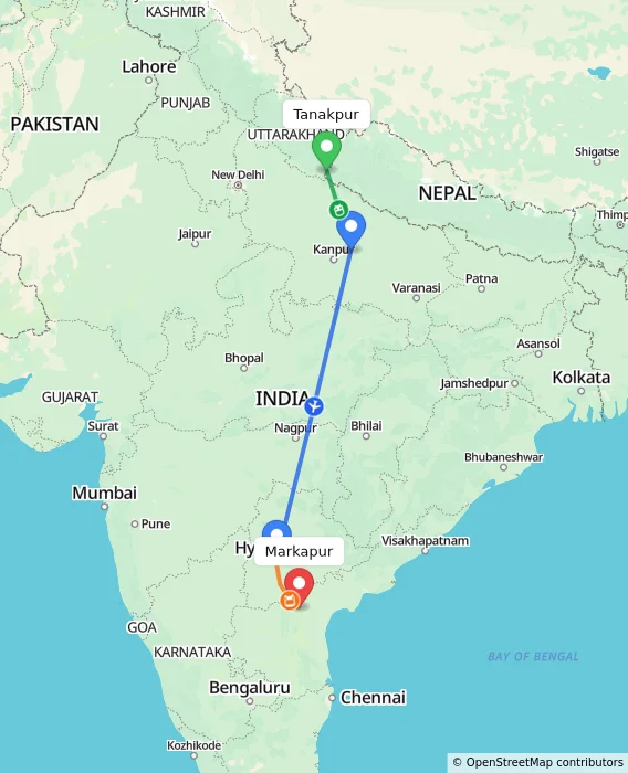 Route map showing distance and travel time from Tanakpur, India to Markapur, India