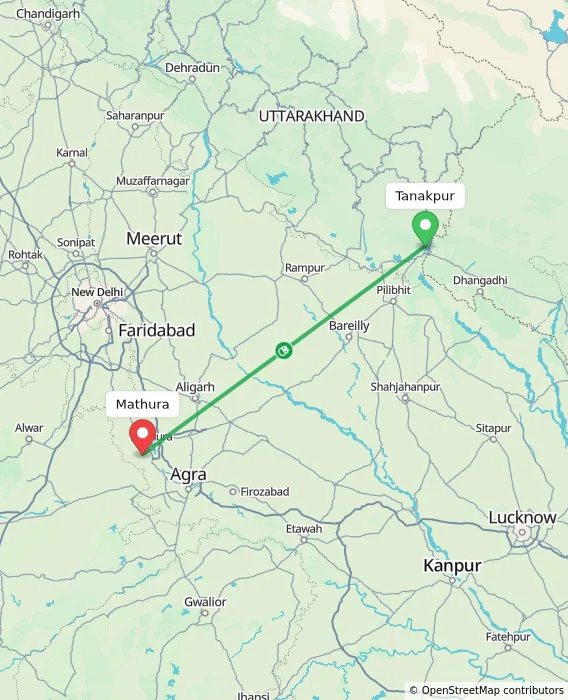 Route map showing distance and travel time from Tanakpur, India to Mathura, India