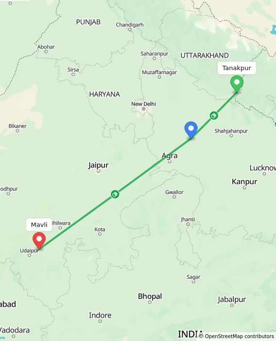 Route map showing distance and travel time from Tanakpur, India to Mavli, India
