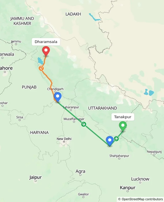 Route map showing distance and travel time from Tanakpur, India to Dharamsala, India