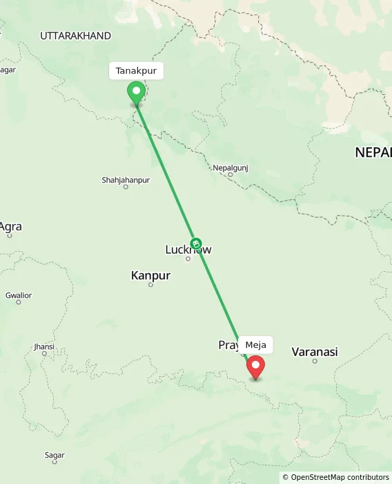 Route map showing distance and travel time from Tanakpur, India to Meja, India