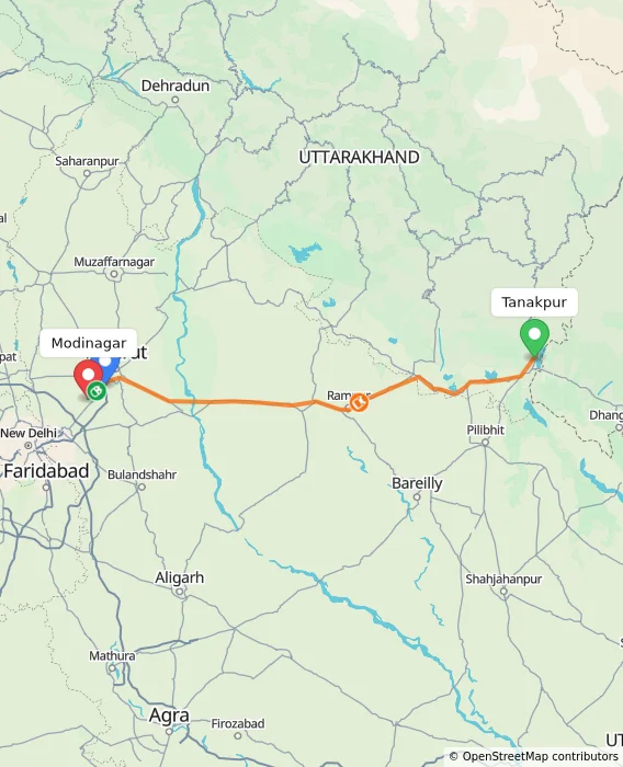 Route map showing distance and travel time from Tanakpur, India to Modinagar, India