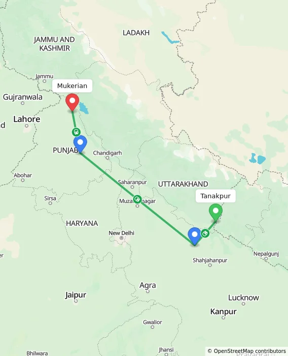 Route map showing distance and travel time from Tanakpur, India to Mukerian, India