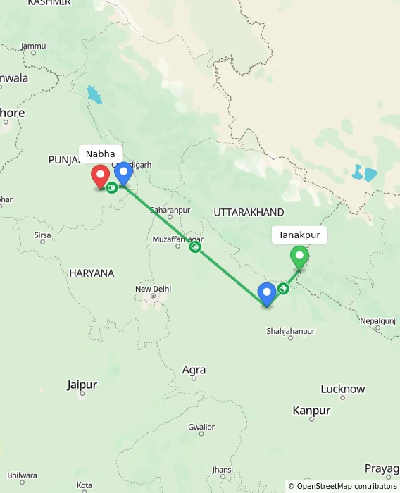 Route map showing distance and travel time from Tanakpur, India to Nabha, India