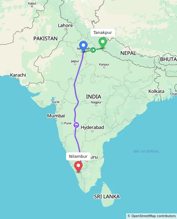 Route map showing distance and travel time from Tanakpur, India to Nilambur, India