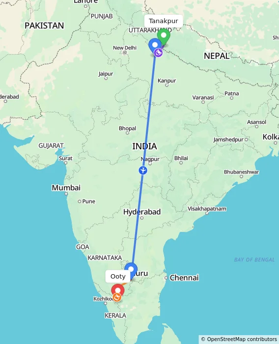 Route map showing distance and travel time from Tanakpur, India to Ooty, India