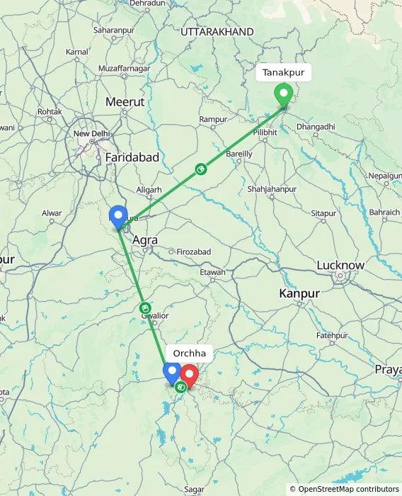 Route map showing distance and travel time from Tanakpur, India to Orchha, India