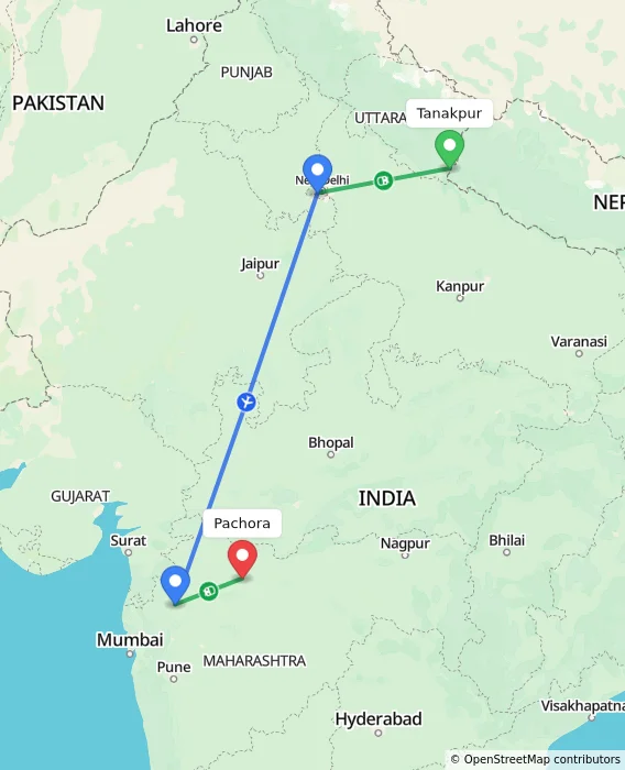 Route map showing distance and travel time from Tanakpur, India to Pachora, India