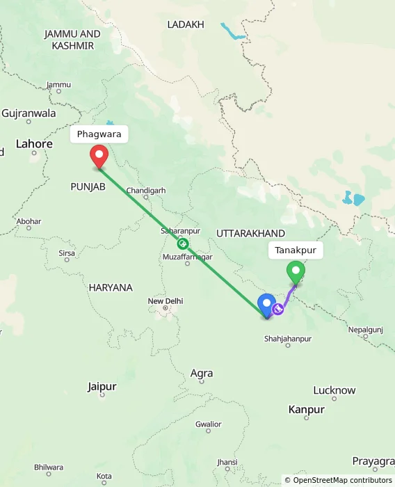 Route map showing distance and travel time from Tanakpur, India to Phagwara, India
