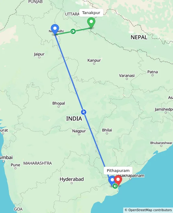 Route map showing distance and travel time from Tanakpur, India to Pithapuram, India