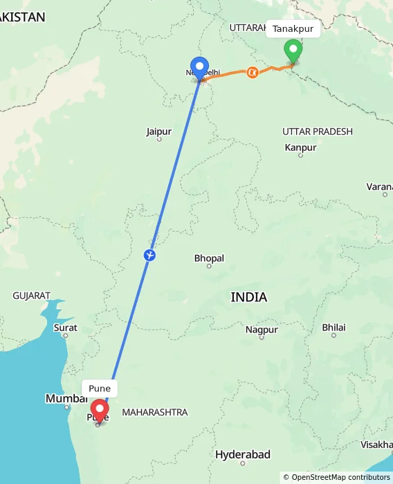 Route map showing distance and travel time from Tanakpur, India to Pune, India