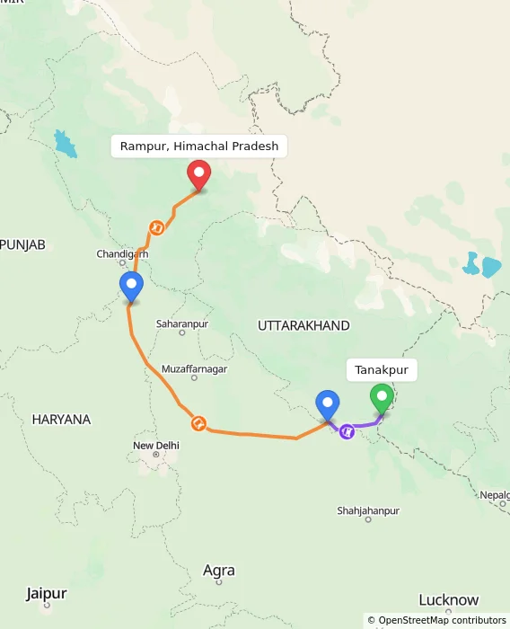 Route map showing distance and travel time from Tanakpur, India to Rampur, Himachal Pradesh, India