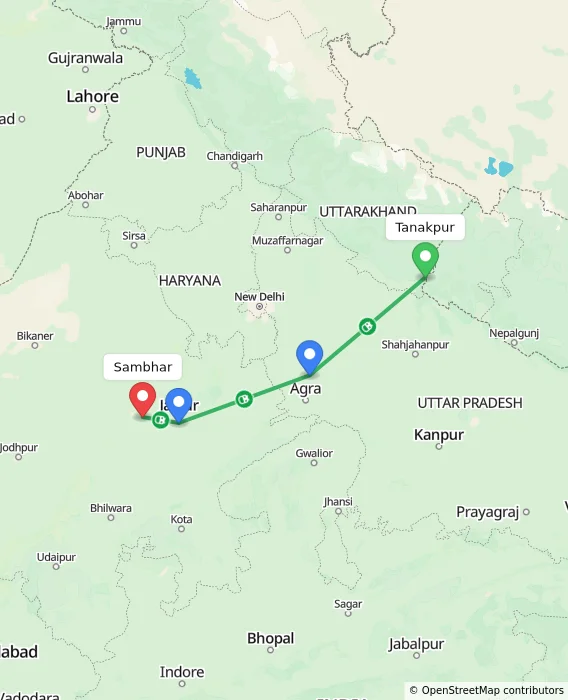 Route map showing distance and travel time from Tanakpur, India to Sambhar, India