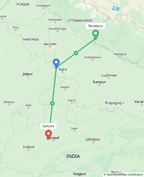 Route map showing distance and travel time from Tanakpur, India to Sehore, India