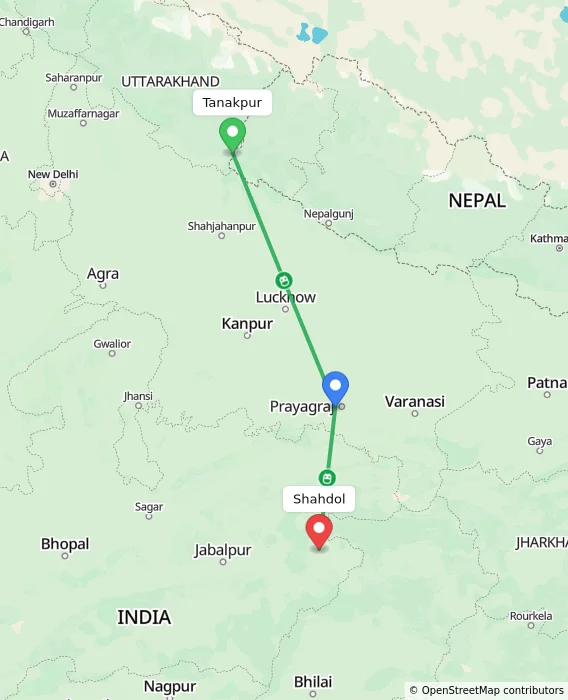 Route map showing distance and travel time from Tanakpur, India to Shahdol, India