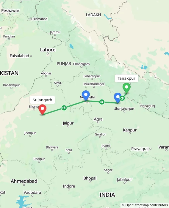 Route map showing distance and travel time from Tanakpur, India to Sujangarh, India