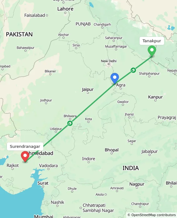Route map showing distance and travel time from Tanakpur, India to Surendranagar, India