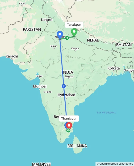 Route map showing distance and travel time from Tanakpur, India to Thanjavur, India