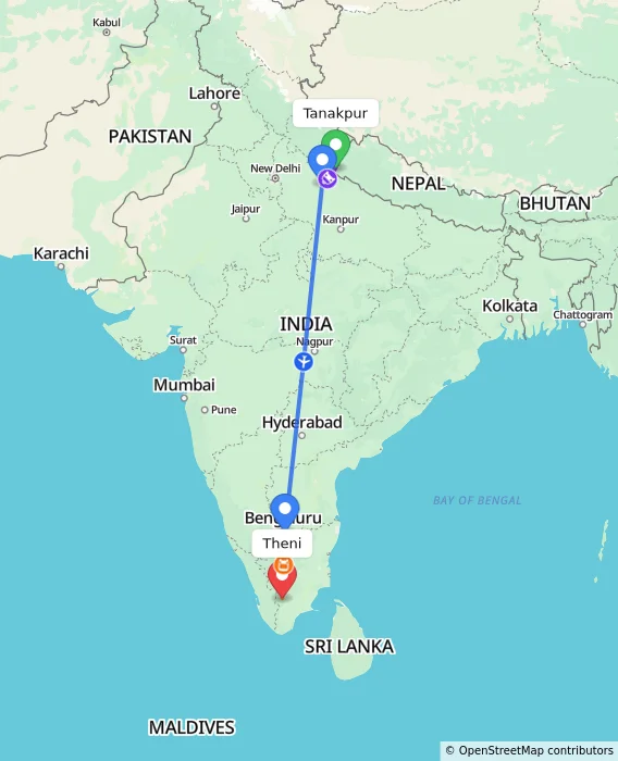 Route map showing distance and travel time from Tanakpur, India to Theni, India