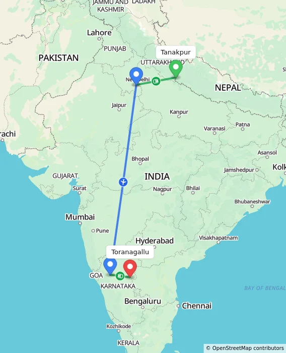 Route map showing distance and travel time from Tanakpur, India to Toranagallu, India