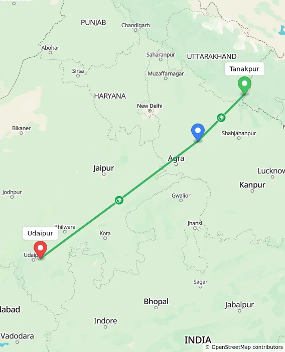 Route map showing distance and travel time from Tanakpur, India to Udaipur, India