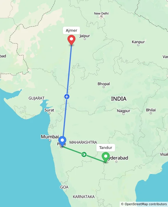 Route map showing distance and travel time from Tandur, India to Ajmer, India