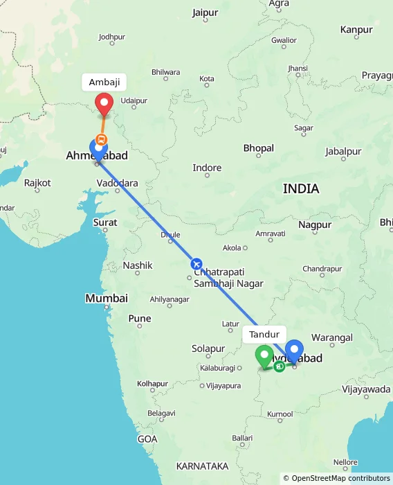 Route map showing distance and travel time from Tandur, India to Ambaji, India