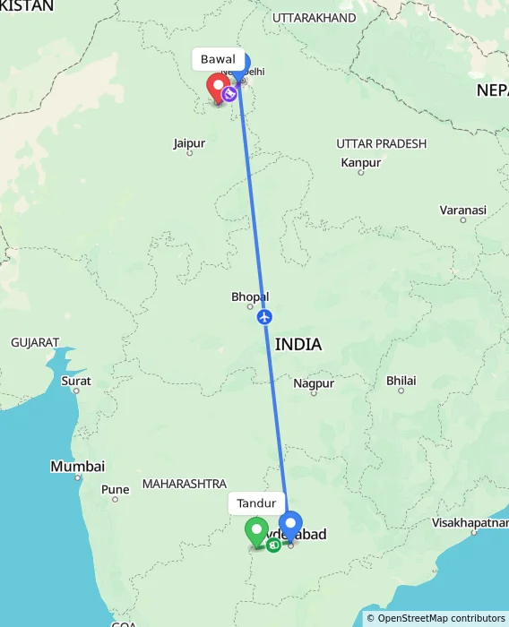 Route map showing distance and travel time from Tandur, India to Bawal, India