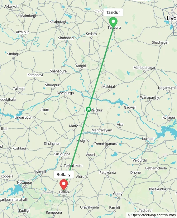 Route map showing distance and travel time from Tandur, India to Bellary, India