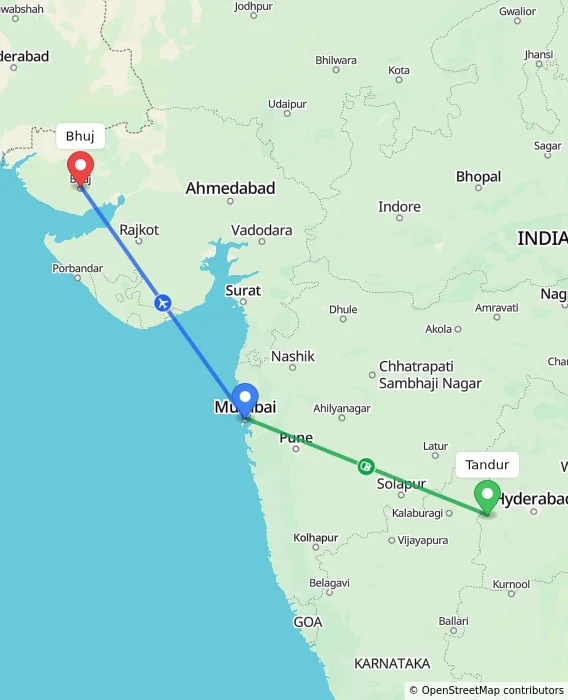 Route map showing distance and travel time from Tandur, India to Bhuj, India