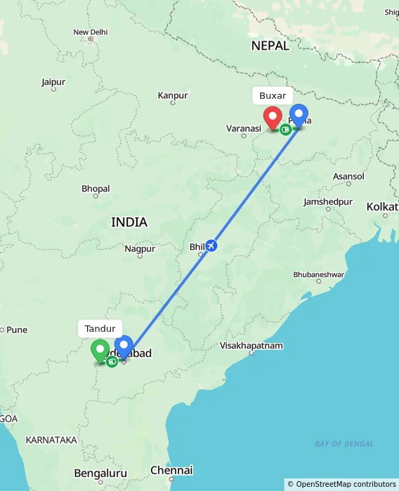 Route map showing distance and travel time from Tandur, India to Buxar, India