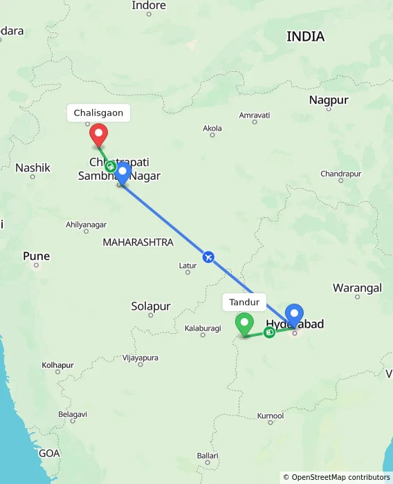 Route map showing distance and travel time from Tandur, India to Chalisgaon, India