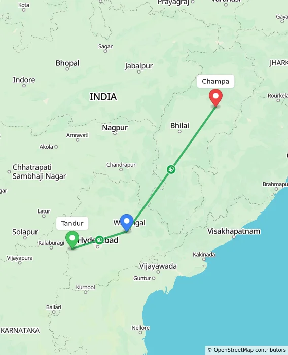 Route map showing distance and travel time from Tandur, India to Champa, India